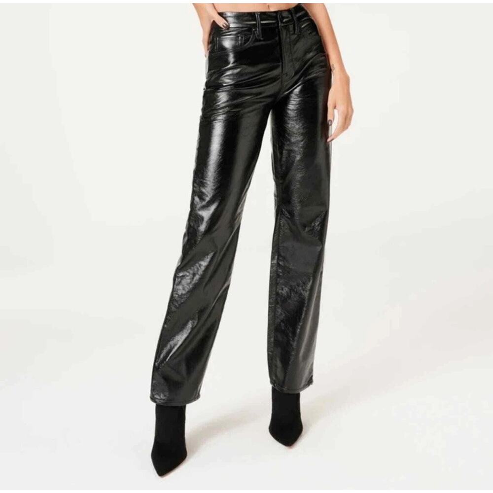 Good American ‘90s Texturized Vinyl Pants Black Size 12 / 31 High Rise Wide Leg